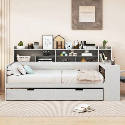 Wooden Full Size Daybed with Storage Shelves, Multi - functional Bed with Two Storage Drawers and Study Desk, Antique White