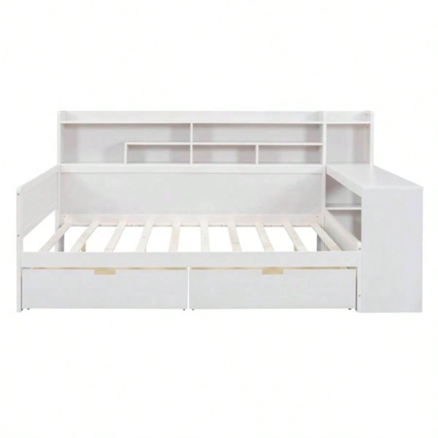 Wooden Full Size Daybed with Storage Shelves, Multi - functional Bed with Two Storage Drawers and Study Desk, Antique White