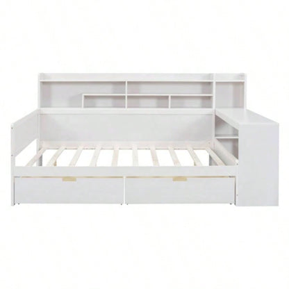 Wooden Full Size Daybed with Storage Shelves, Multi - functional Bed with Two Storage Drawers and Study Desk, Antique White