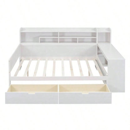 Wooden Full Size Daybed with Storage Shelves, Multi - functional Bed with Two Storage Drawers and Study Desk, Antique White