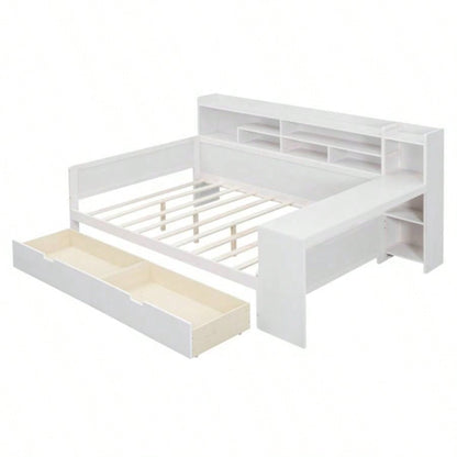 Wooden Full Size Daybed with Storage Shelves, Multi - functional Bed with Two Storage Drawers and Study Desk, Antique White