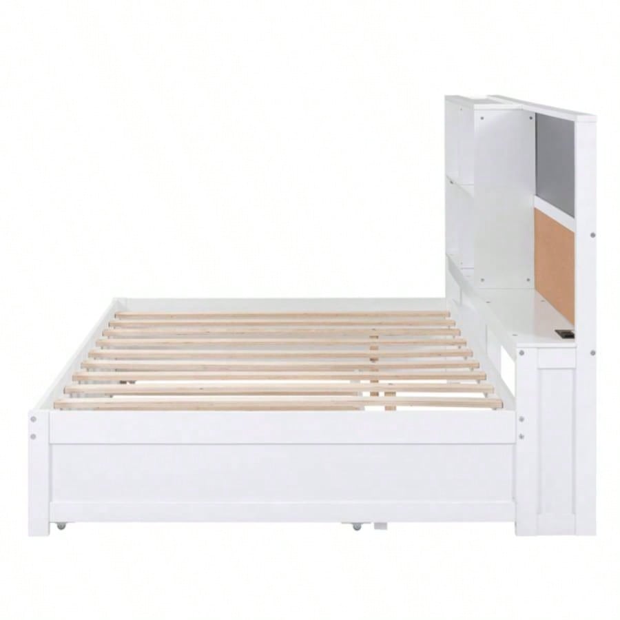 Full Size Daybed with Storage Shelves, Blackboard, Cork board, USB Ports and Twin Size Trundle, White