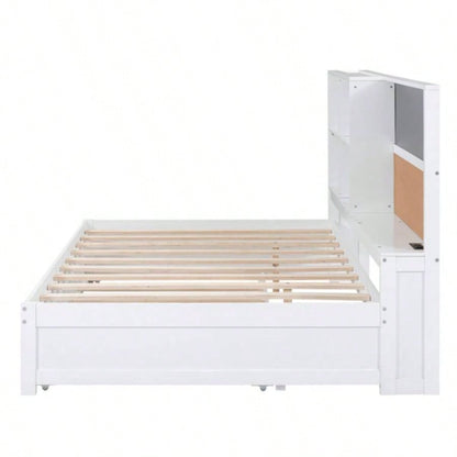 Full Size Daybed with Storage Shelves, Blackboard, Cork board, USB Ports and Twin Size Trundle, White