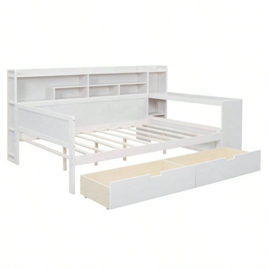 Wooden Full Size Daybed with Storage Shelves, Multi - functional Bed with Two Storage Drawers and Study Desk, Antique White