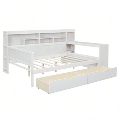Wooden Full Size Daybed with Storage Shelves, Multi - functional Bed with Two Storage Drawers and Study Desk, Antique White