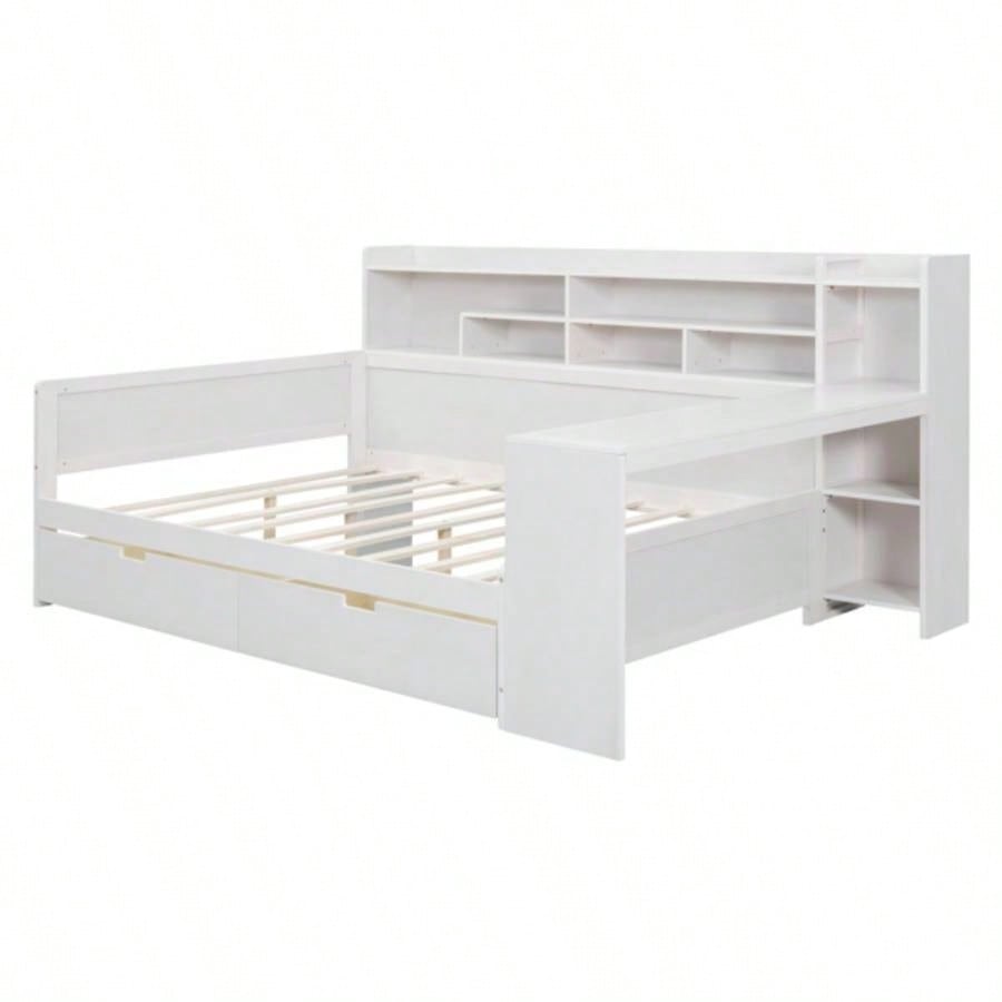 Wooden Full Size Daybed with Storage Shelves, Multi - functional Bed with Two Storage Drawers and Study Desk, Antique White