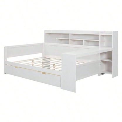 Wooden Full Size Daybed with Storage Shelves, Multi - functional Bed with Two Storage Drawers and Study Desk, Antique White