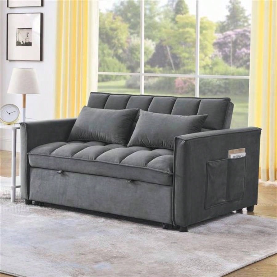 Sleeper Sofa, Convertible Sofa, Recliner, Bed, 3 - in - 1, 3 - Position Adjustable Backrest, 2 - Seater Sectional, Two Side Pockets, 2 Pillows Living Room, Apartment, etc. Velvet Beige 54 Wide.