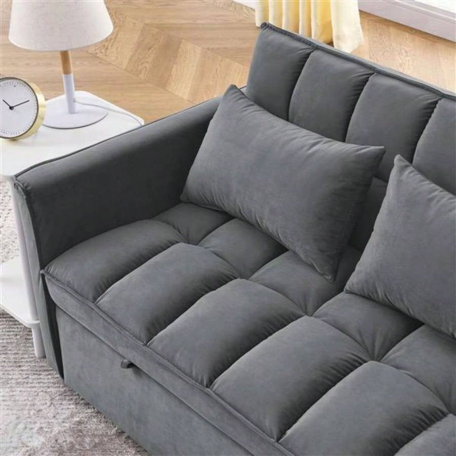 Sleeper Sofa, Convertible Sofa, Recliner, Bed, 3 - in - 1, 3 - Position Adjustable Backrest, 2 - Seater Sectional, Two Side Pockets, 2 Pillows Living Room, Apartment, etc. Velvet Beige 54 Wide.