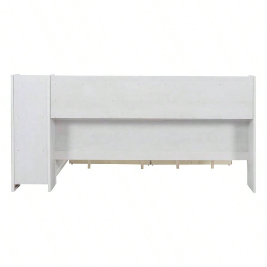 Wooden Full Size Daybed with Storage Shelves, Multi - functional Bed with Two Storage Drawers and Study Desk, Antique White