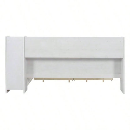 Wooden Full Size Daybed with Storage Shelves, Multi - functional Bed with Two Storage Drawers and Study Desk, Antique White