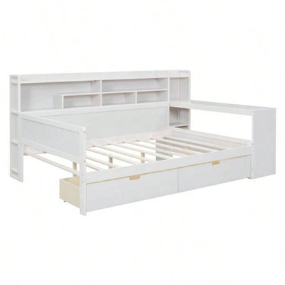 Wooden Full Size Daybed with Storage Shelves, Multi - functional Bed with Two Storage Drawers and Study Desk, Antique White