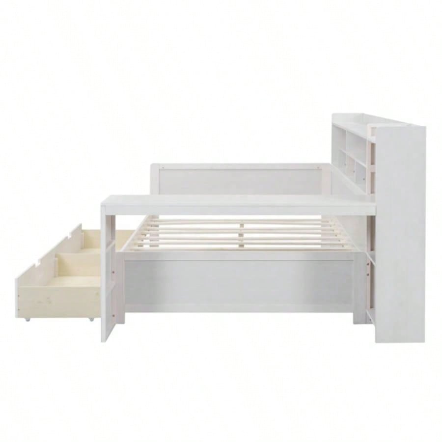 Wooden Full Size Daybed with Storage Shelves, Multi - functional Bed with Two Storage Drawers and Study Desk, Antique White