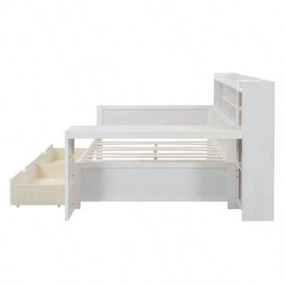Wooden Full Size Daybed with Storage Shelves, Multi - functional Bed with Two Storage Drawers and Study Desk, Antique White