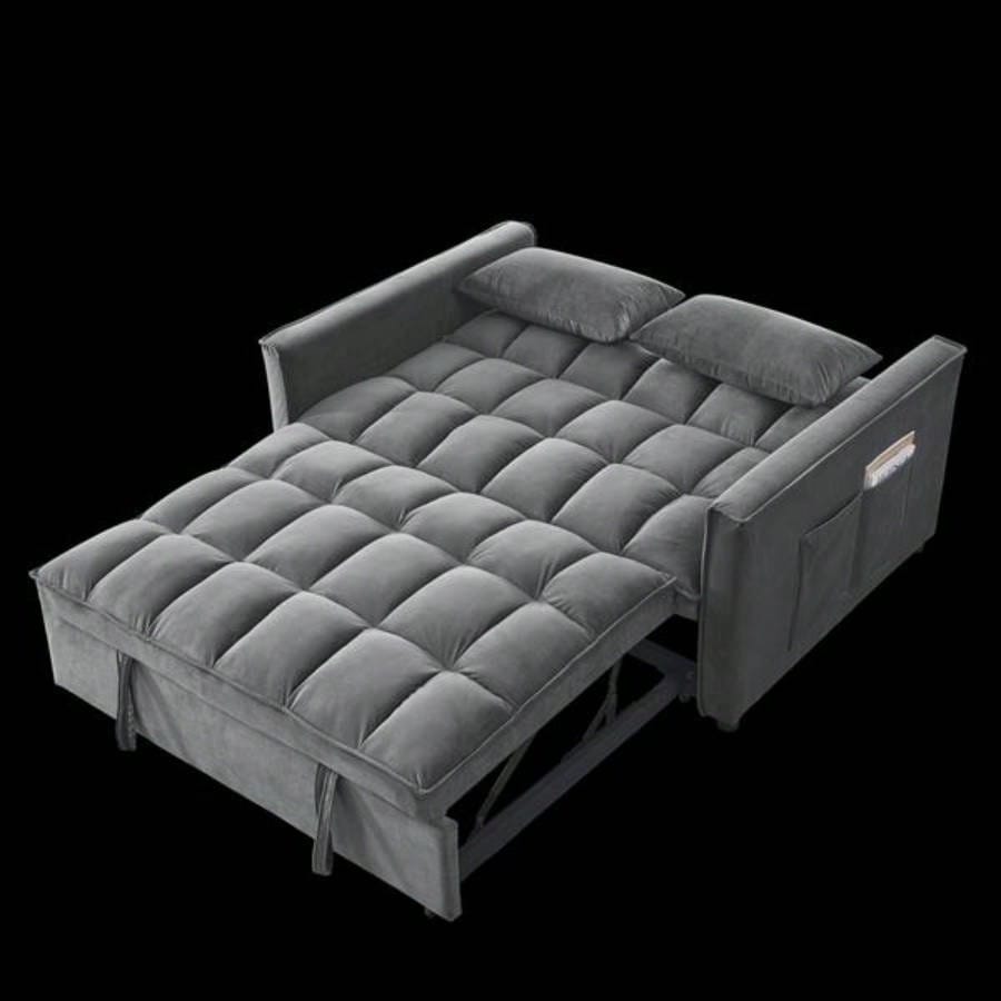 Sleeper Sofa, Convertible Sofa, Recliner, Bed, 3 - in - 1, 3 - Position Adjustable Backrest, 2 - Seater Sectional, Two Side Pockets, 2 Pillows Living Room, Apartment, etc. Velvet Beige 54 Wide.