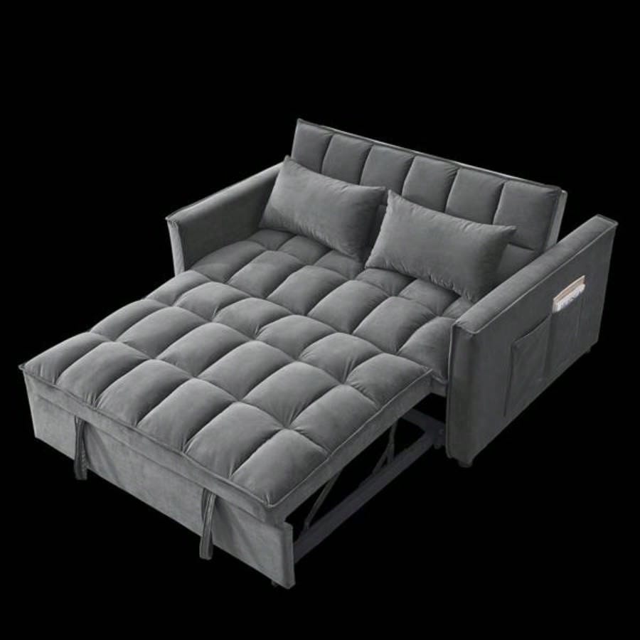 Sleeper Sofa, Convertible Sofa, Recliner, Bed, 3 - in - 1, 3 - Position Adjustable Backrest, 2 - Seater Sectional, Two Side Pockets, 2 Pillows Living Room, Apartment, etc. Velvet Beige 54 Wide.