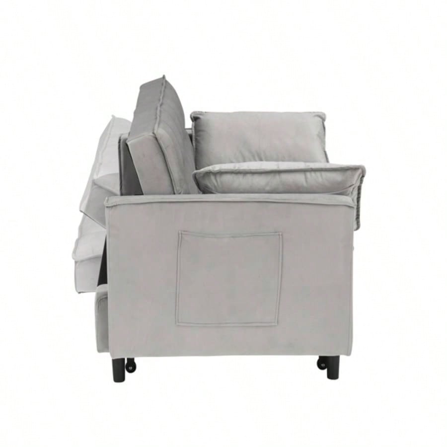 Modern Velvet Loveseat Futon Sofa Couch Pullout Bed, Small Love Lounge Sofa/Reclining Backrest, Toss Pillows, Pockets, Furniture Living Room, 3 in 1 Convertible Sleeper Sofa Bed, Gra