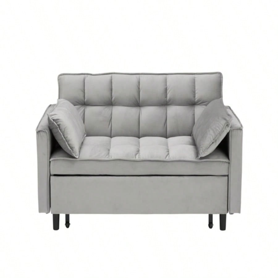 Modern Velvet Loveseat Futon Sofa Couch Pullout Bed, Small Love Lounge Sofa/Reclining Backrest, Toss Pillows, Pockets, Furniture Living Room, 3 in 1 Convertible Sleeper Sofa Bed, Gra