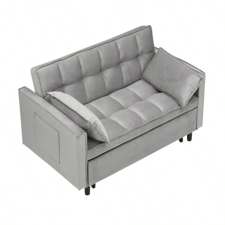 Modern Velvet Loveseat Futon Sofa Couch Pullout Bed, Small Love Lounge Sofa/Reclining Backrest, Toss Pillows, Pockets, Furniture Living Room, 3 in 1 Convertible Sleeper Sofa Bed, Gra