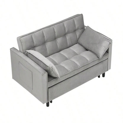 Modern Velvet Loveseat Futon Sofa Couch Pullout Bed, Small Love Lounge Sofa/Reclining Backrest, Toss Pillows, Pockets, Furniture Living Room, 3 in 1 Convertible Sleeper Sofa Bed, Gra