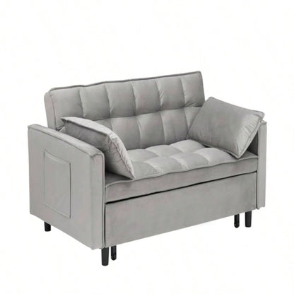 Modern Velvet Loveseat Futon Sofa Couch Pullout Bed, Small Love Lounge Sofa/Reclining Backrest, Toss Pillows, Pockets, Furniture Living Room, 3 in 1 Convertible Sleeper Sofa Bed, Gra