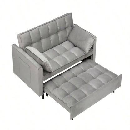 Modern Velvet Loveseat Futon Sofa Couch Pullout Bed, Small Love Lounge Sofa/Reclining Backrest, Toss Pillows, Pockets, Furniture Living Room, 3 in 1 Convertible Sleeper Sofa Bed, Gra