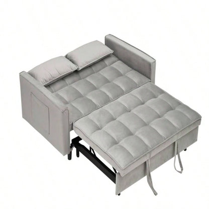 Modern Velvet Loveseat Futon Sofa Couch Pullout Bed, Small Love Lounge Sofa/Reclining Backrest, Toss Pillows, Pockets, Furniture Living Room, 3 in 1 Convertible Sleeper Sofa Bed, Gra