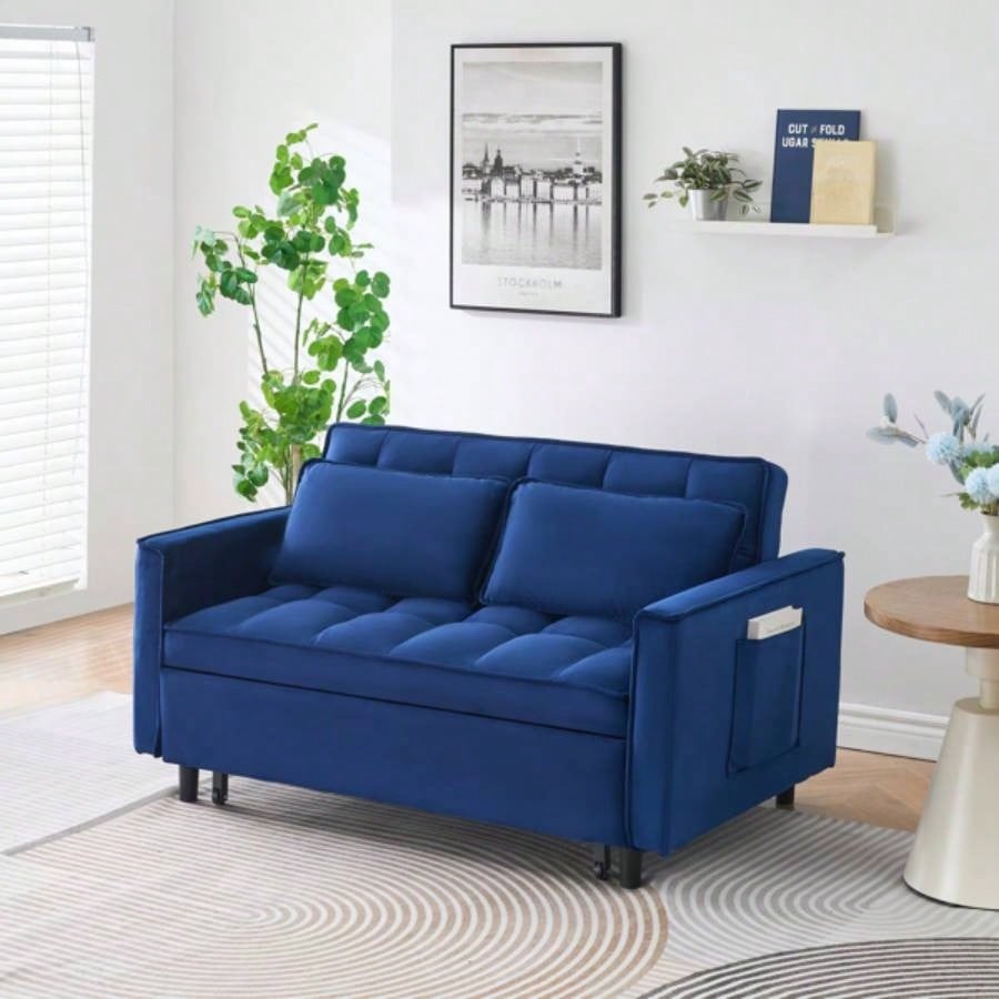 55 - inch dreamlike blue velvet sofa is elegant and convenient with pockets, cleverly interpreting art of three - in - one conversion.