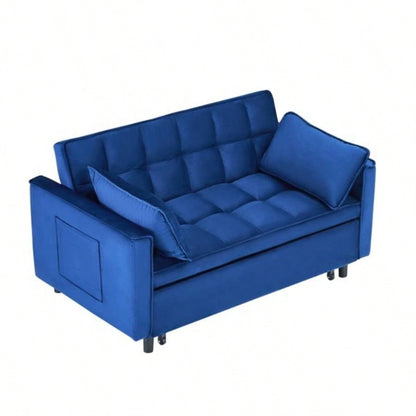 55 - inch dreamlike blue velvet sofa is elegant and convenient with pockets, cleverly interpreting art of three - in - one conversion.