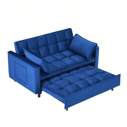 55 - inch dreamlike blue velvet sofa is elegant and convenient with pockets, cleverly interpreting art of three - in - one conversion.