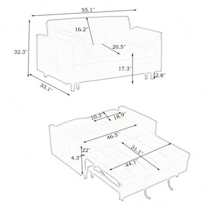Modern velvet sofa, sofa pull - out bed, small love casual sofa with back, with pillow, pockets, living room furniture, 3 in 1 convertible sleep sofa bed