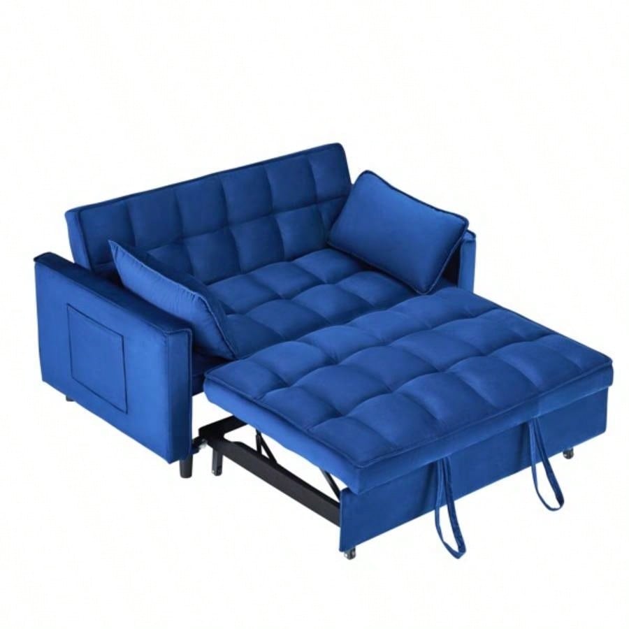 55 - inch dreamlike blue velvet sofa is elegant and convenient with pockets, cleverly interpreting art of three - in - one conversion.