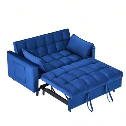 55 - inch dreamlike blue velvet sofa is elegant and convenient with pockets, cleverly interpreting art of three - in - one conversion.