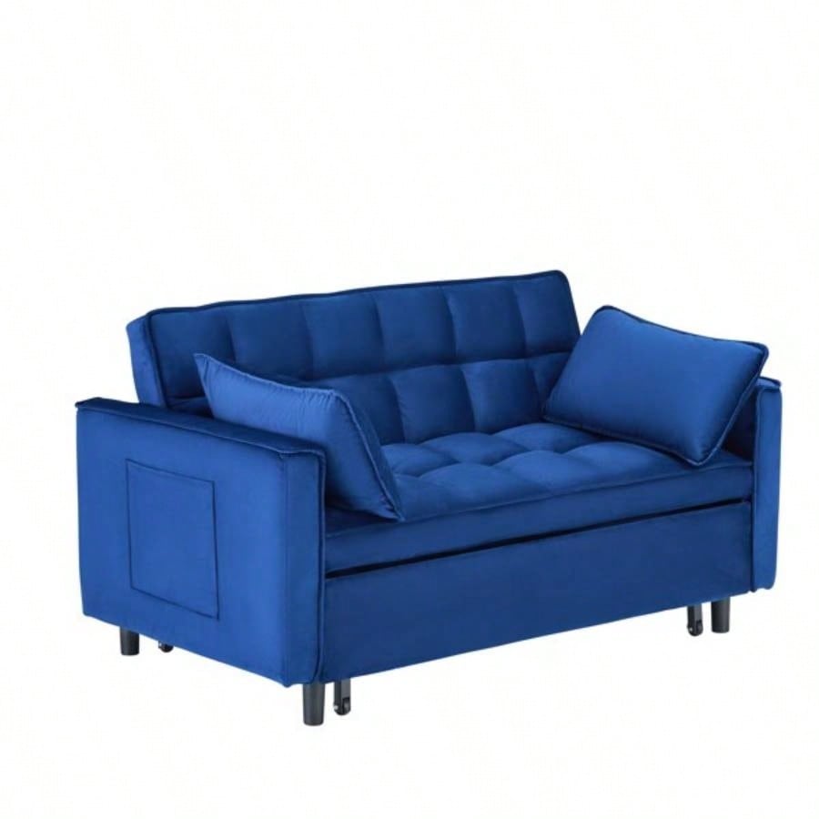 55 - inch dreamlike blue velvet sofa is elegant and convenient with pockets, cleverly interpreting art of three - in - one conversion.