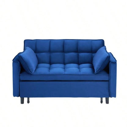 55 - inch dreamlike blue velvet sofa is elegant and convenient with pockets, cleverly interpreting art of three - in - one conversion.