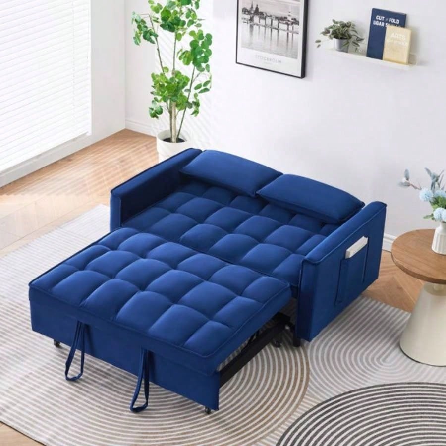 55 - inch dreamlike blue velvet sofa is elegant and convenient with pockets, cleverly interpreting art of three - in - one conversion.