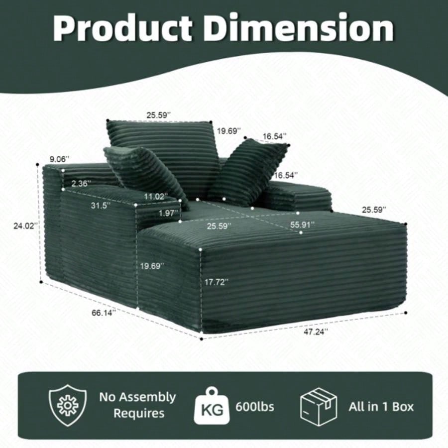 Oversized Chaise Lounge Chair Cozy Cloud Couch, Modern Plush Corduroy Upholstered Sleeper Sofa Daybed with 3 Throw Pillows and Wide Armrest Living Room, No Assembly Required, Green