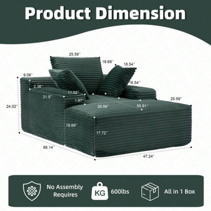 Oversized Chaise Lounge Chair Cozy Cloud Couch, Modern Plush Corduroy Upholstered Sleeper Sofa Daybed with 3 Throw Pillows and Wide Armrest Living Room, No Assembly Required, Green