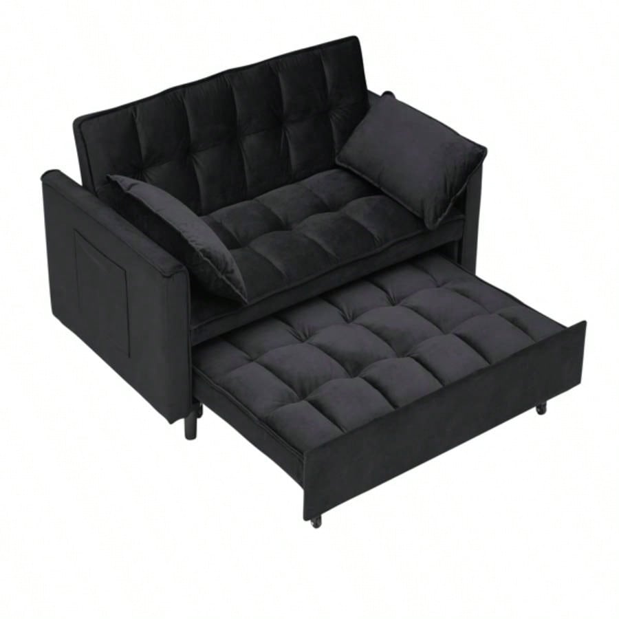 Modern velvet sofa, sofa pull - out bed, small love casual sofa with back, with pillow, pockets, living room furniture, 3 in 1 convertible sleep sofa bed