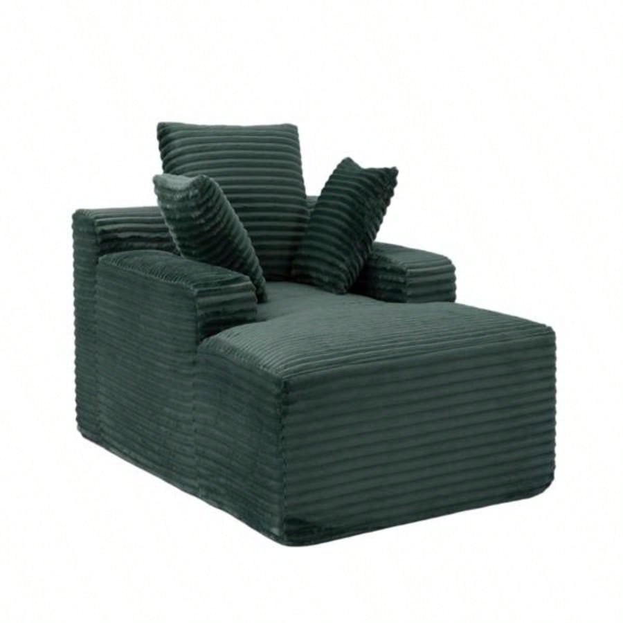 Oversized Chaise Lounge Chair Cozy Cloud Couch, Modern Plush Corduroy Upholstered Sleeper Sofa Daybed with 3 Throw Pillows and Wide Armrest Living Room, No Assembly Required, Green