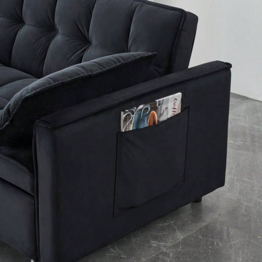 Modern velvet sofa, sofa pull - out bed, small love casual sofa with back, with pillow, pockets, living room furniture, 3 in 1 convertible sleep sofa bed