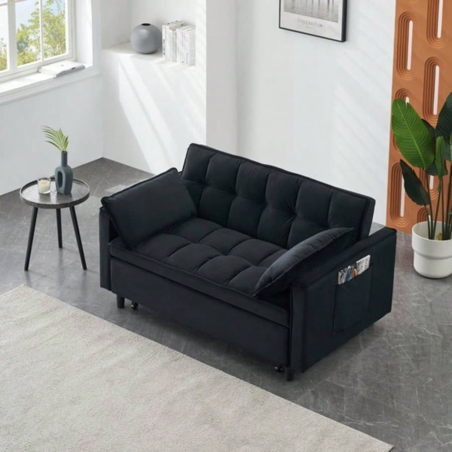 Modern velvet sofa, sofa pull - out bed, small love casual sofa with back, with pillow, pockets, living room furniture, 3 in 1 convertible sleep sofa bed