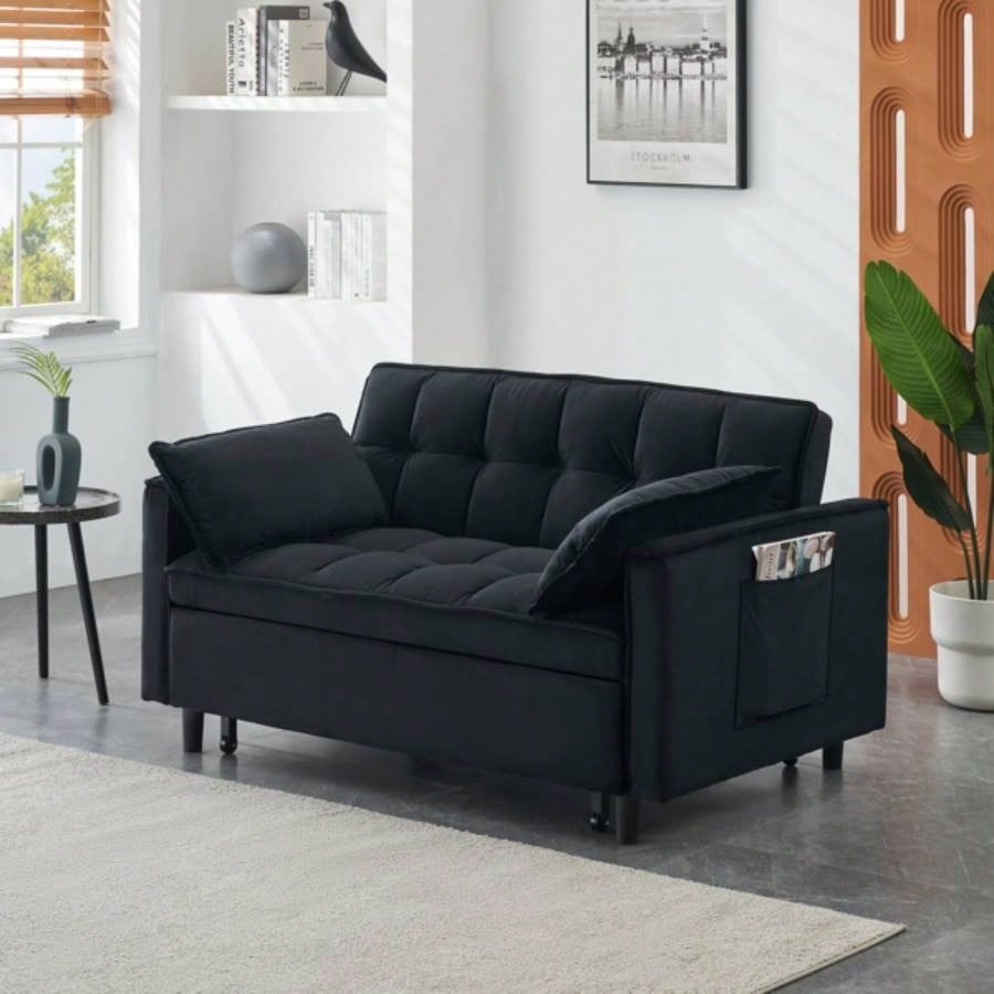 Modern velvet sofa, sofa pull - out bed, small love casual sofa with back, with pillow, pockets, living room furniture, 3 in 1 convertible sleep sofa bed