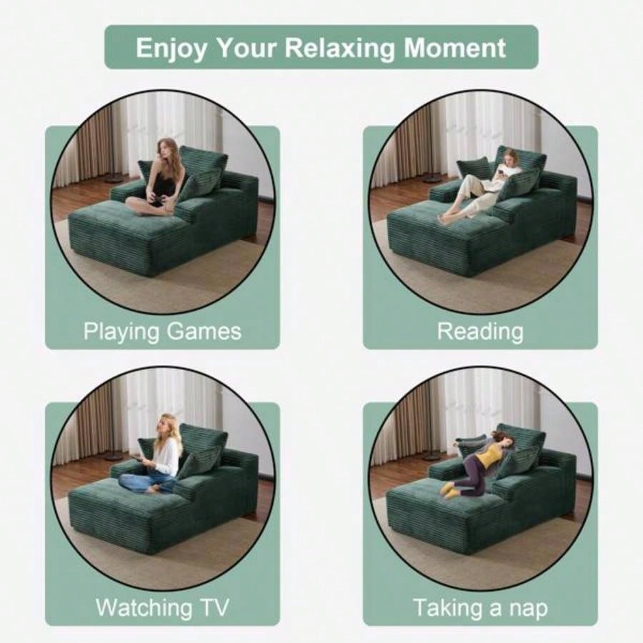 Oversized Chaise Lounge Chair Cozy Cloud Couch, Modern Plush Corduroy Upholstered Sleeper Sofa Daybed with 3 Throw Pillows and Wide Armrest Living Room, No Assembly Required, Green