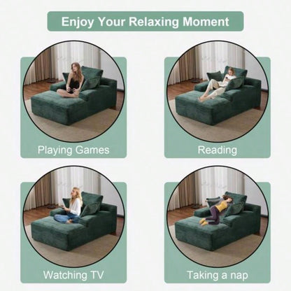 Oversized Chaise Lounge Chair Cozy Cloud Couch, Modern Plush Corduroy Upholstered Sleeper Sofa Daybed with 3 Throw Pillows and Wide Armrest Living Room, No Assembly Required, Green