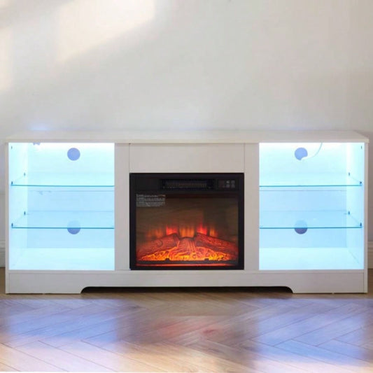 TV Stand Fireplace Glass Shelves, 3D Fireplace TV Stand with LED Lights Wood with USB Charging Outlet Modern Television Table Center TV up to 62 White, 5839; 39; 15.539; 39; D*24.4