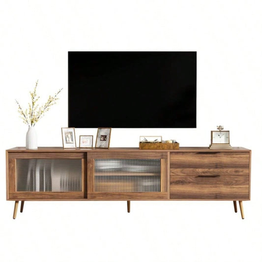 Modern TV Stand 75 TV, TV Console with 2 Glass Doors, Entertainment Center with 2 Drawers Storage Cabinet, 70 Media Console Table Living Room, Bedroom