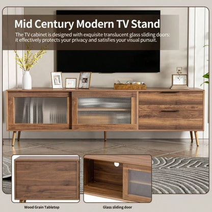 Modern TV Stand 75 TV, TV Console with 2 Glass Doors, Entertainment Center with 2 Drawers Storage Cabinet, 70 Media Console Table Living Room, Bedroom