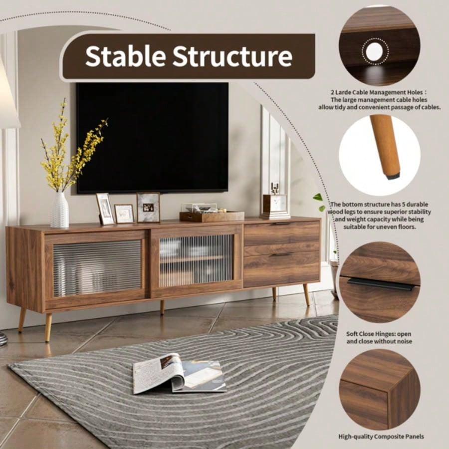 Modern TV Stand 75 TV, TV Console with 2 Glass Doors, Entertainment Center with 2 Drawers Storage Cabinet, 70 Media Console Table Living Room, Bedroom