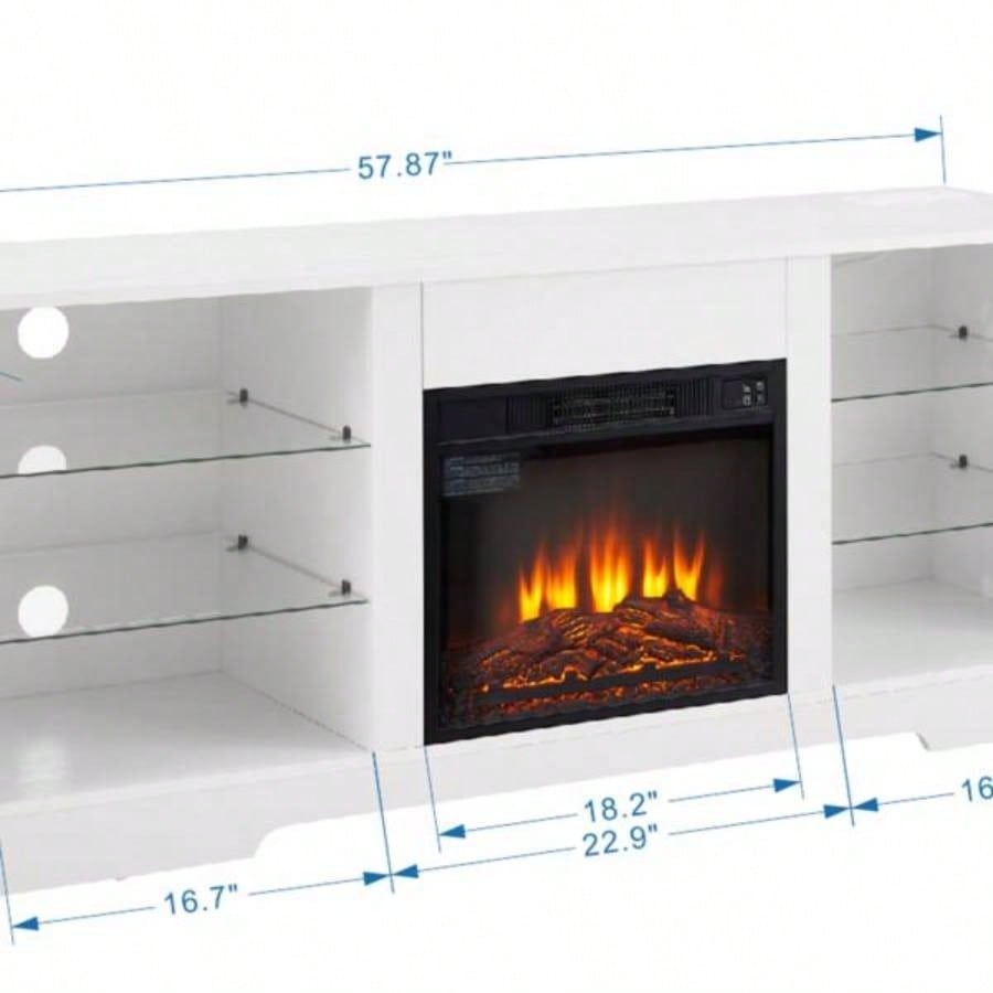 TV Stand Fireplace Glass Shelves, 3D Fireplace TV Stand with LED Lights Wood with USB Charging Outlet Modern Television Table Center TV up to 62 White, 5839; 39; 15.539; 39; D*24.4